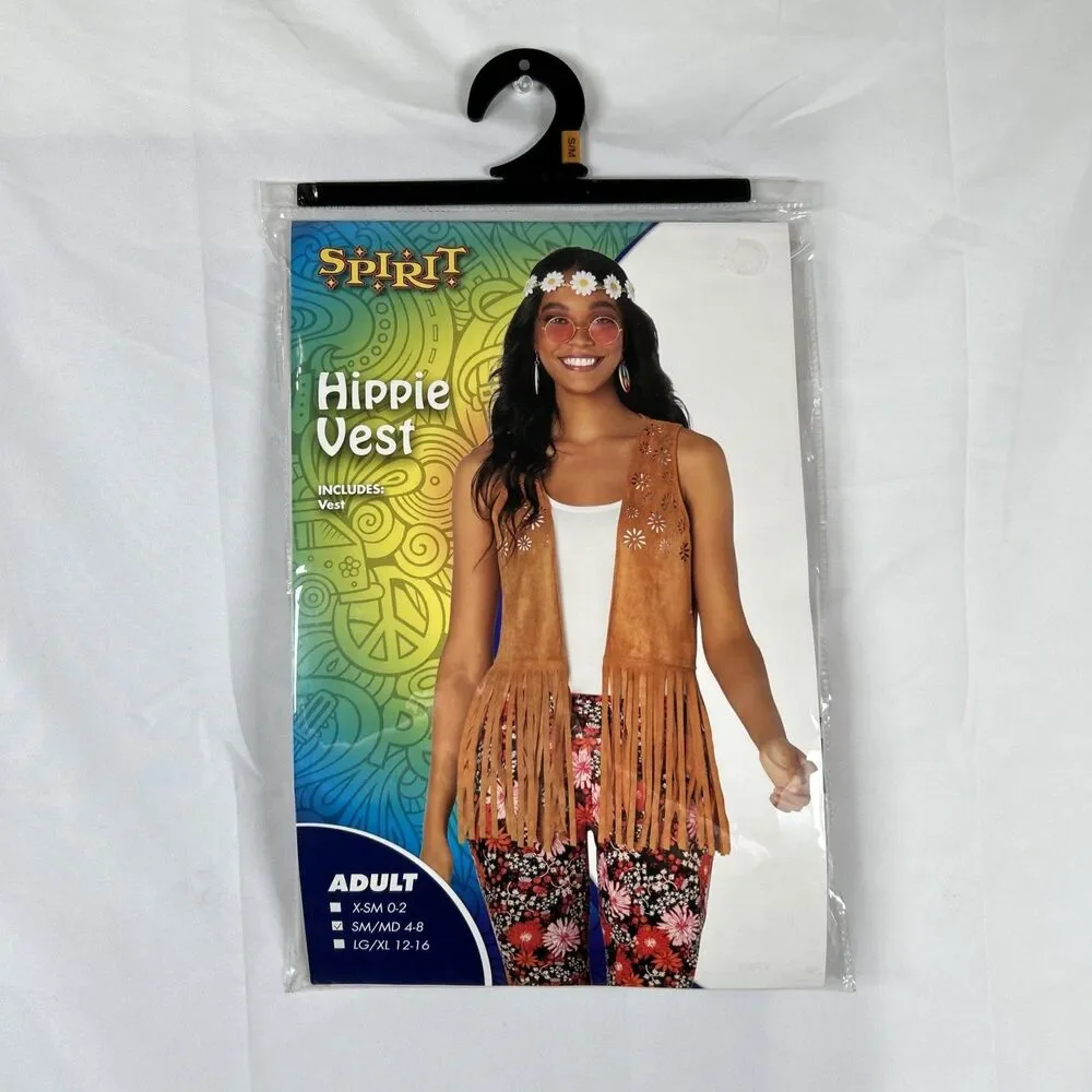 Sprit Hippie Vest Halloween Costume Adults S/M Brown Fringe Tassels 60’s Peace - Picture 1 of 6